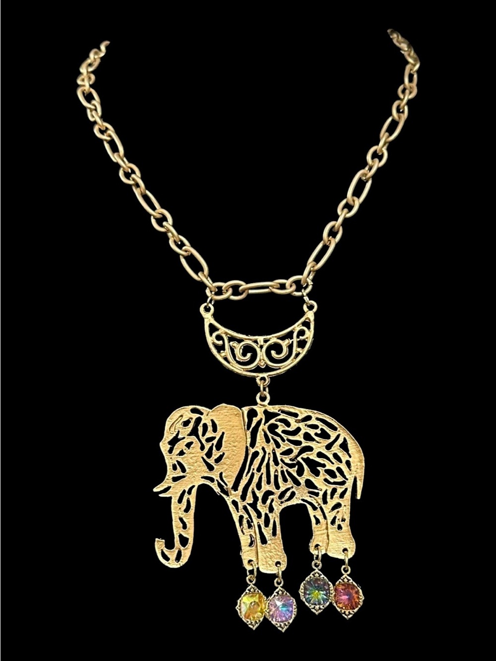 Gold Elephant Pendant Necklace with Multicolor Crystal Drops